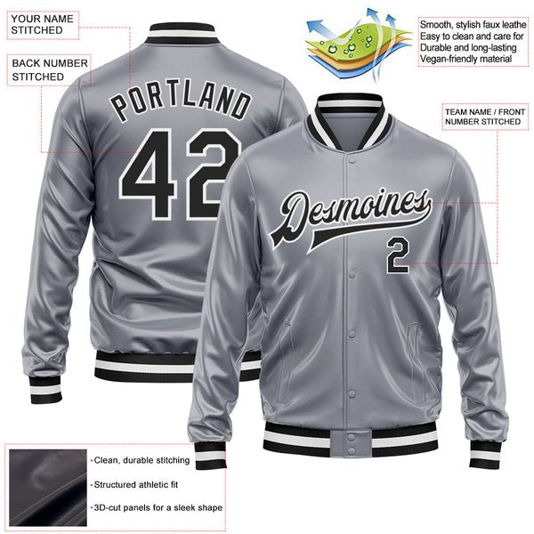 Custom Gray Black-White Bomber Full-Snap Varsity Faux Leather Letterman Jacket alternate
