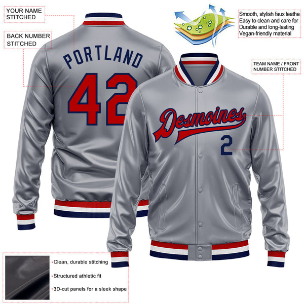 Custom Gray Red-Navy Bomber Full-Snap Varsity Faux Leather Letterman Jacket alternate