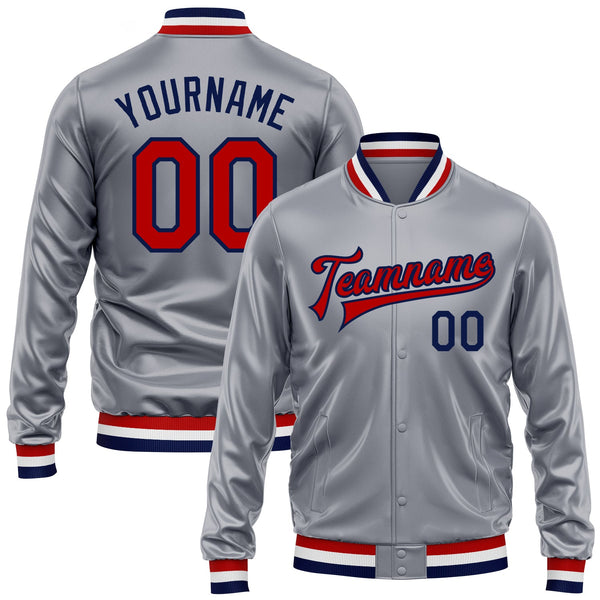 Custom Gray Red-Navy Bomber Full-Snap Varsity Faux Leather Letterman Jacket