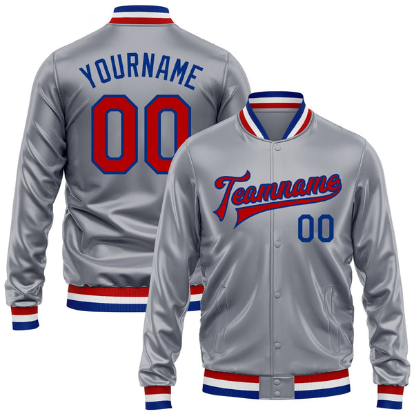 Custom Gray Red-Royal Bomber Full-Snap Varsity Faux Leather Letterman Jacket