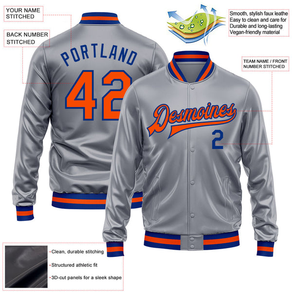 Custom Gray Orange-Royal Bomber Full-Snap Varsity Faux Leather Letterman Jacket alternate
