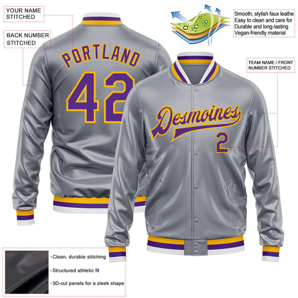 Custom Gray Purple-Gold Bomber Full-Snap Varsity Faux Leather Letterman Jacket alternate
