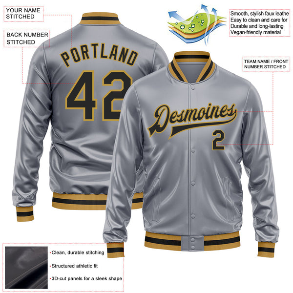 Custom Gray Black-Old Gold Bomber Full-Snap Varsity Faux Leather Letterman Jacket alternate