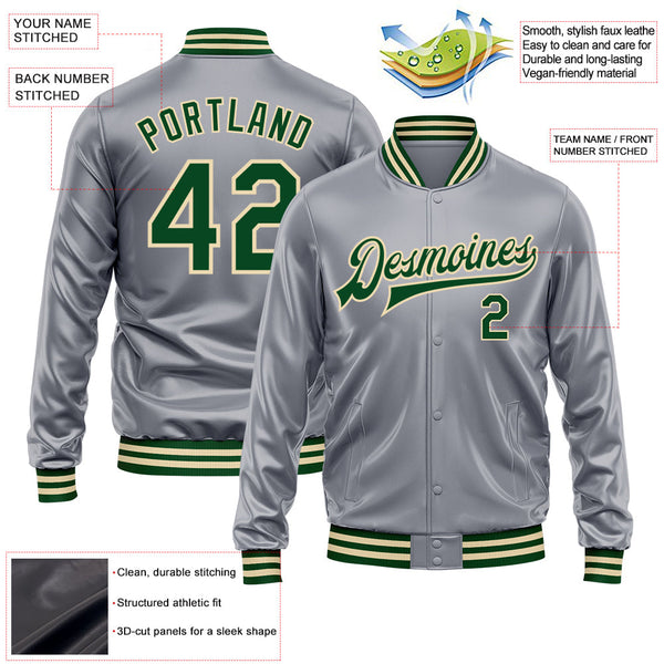 Custom Gray Green-Cream Bomber Full-Snap Varsity Faux Leather Letterman Jacket alternate