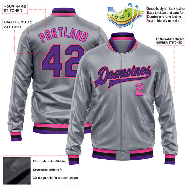 Custom Gray Purple Pink-Black Bomber Full-Snap Varsity Faux Leather Letterman Jacket alternate