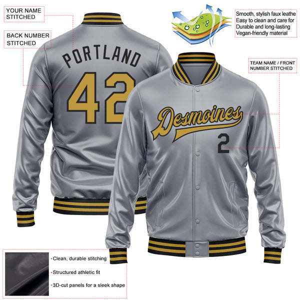 Custom Gray Old Gold-Black Bomber Full-Snap Varsity Faux Leather Letterman Jacket alternate