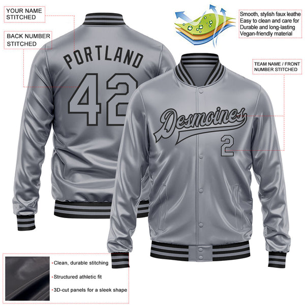 Custom Gray Gray-Black Bomber Full-Snap Varsity Faux Leather Letterman Jacket alternate