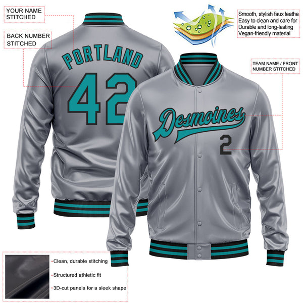 Custom Gray Teal-Black Bomber Full-Snap Varsity Faux Leather Letterman Jacket alternate