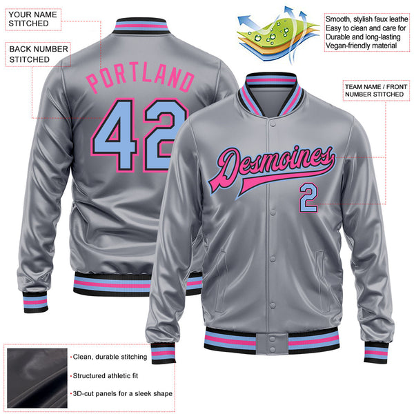 Custom Gray Light Blue Pink-Black Bomber Full-Snap Varsity Faux Leather Letterman Jacket alternate