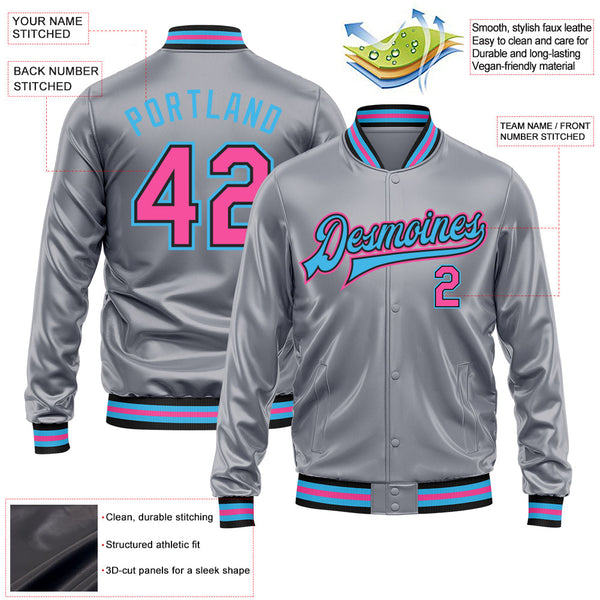 Custom Gray Pink Sky Blue-Black Bomber Full-Snap Varsity Faux Leather Letterman Jacket alternate