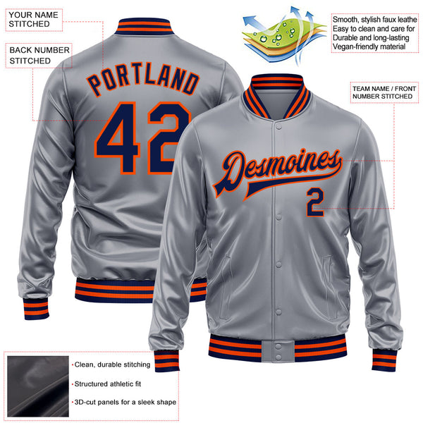 Custom Gray Navy-Orange Bomber Full-Snap Varsity Faux Leather Letterman Jacket alternate