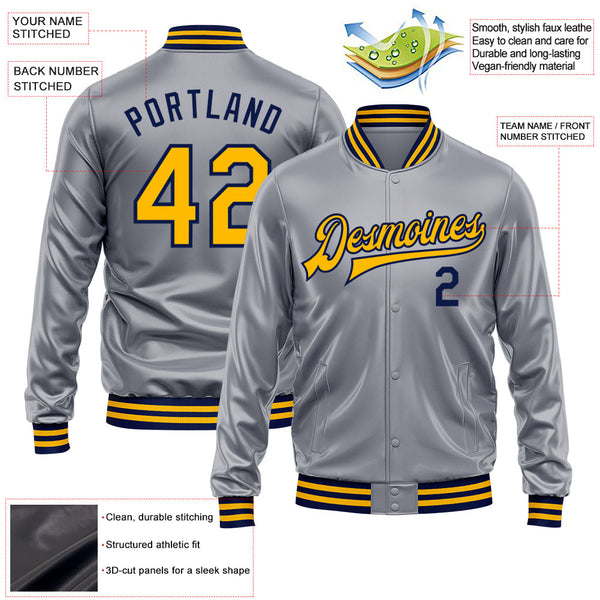 Custom Gray Gold-Navy Bomber Full-Snap Varsity Faux Leather Letterman Jacket alternate