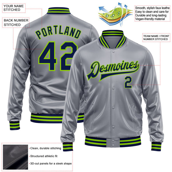 Custom Gray Navy-Neon Green Bomber Full-Snap Varsity Faux Leather Letterman Jacket alternate