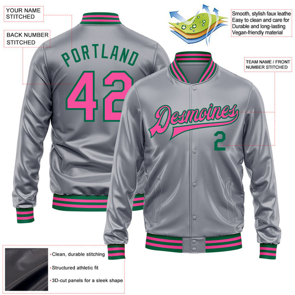 Custom Gray Pink-Kelly Green Bomber Full-Snap Varsity Faux Leather Letterman Jacket alternate