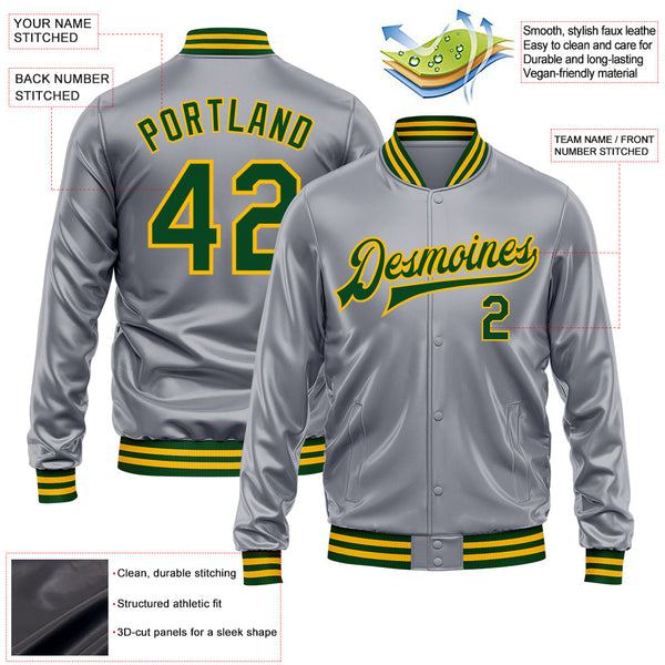 Custom Gray Green-Gold Bomber Full-Snap Varsity Faux Leather Letterman Jacket alternate