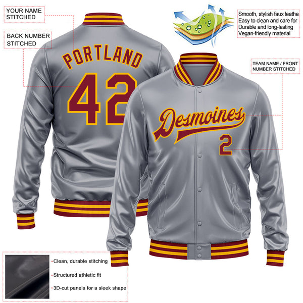Custom Gray Crimson-Gold Bomber Full-Snap Varsity Faux Leather Letterman Jacket alternate