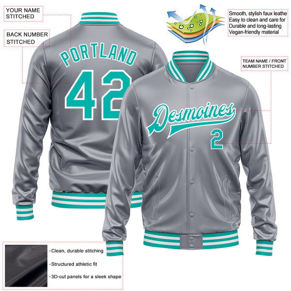 Custom Gray Aqua-White Bomber Full-Snap Varsity Faux Leather Letterman Jacket alternate