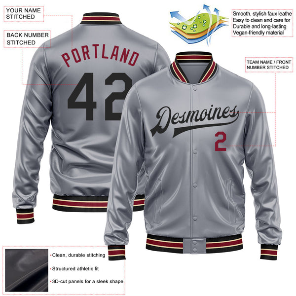 Custom Gray Black-Crimson Bomber Full-Snap Varsity Faux Leather Letterman Jacket alternate