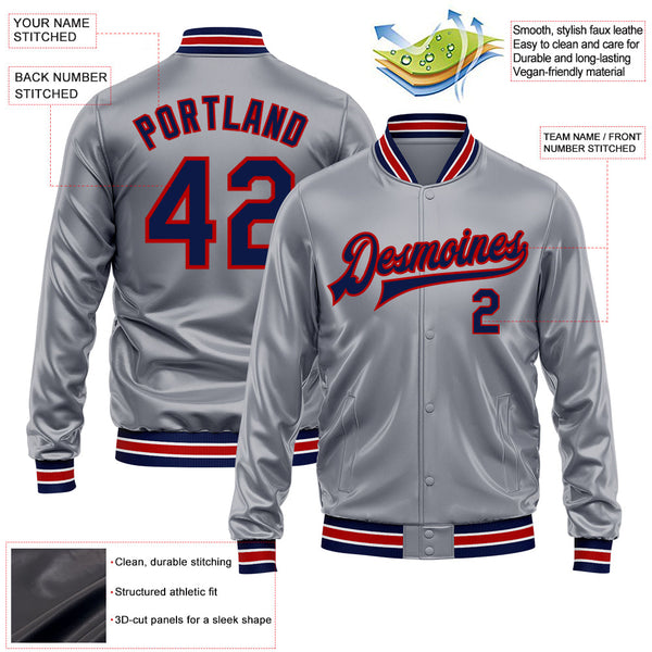 Custom Gray Navy-Red Bomber Full-Snap Varsity Faux Leather Letterman Jacket alternate