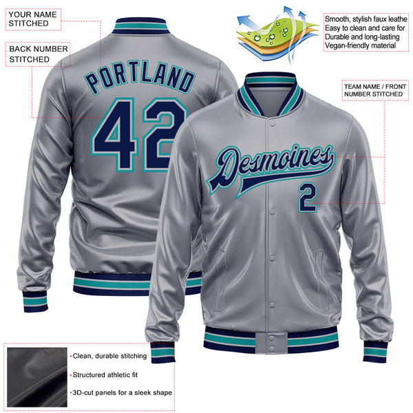 Custom Gray Navy-Teal Bomber Full-Snap Varsity Faux Leather Letterman Jacket alternate