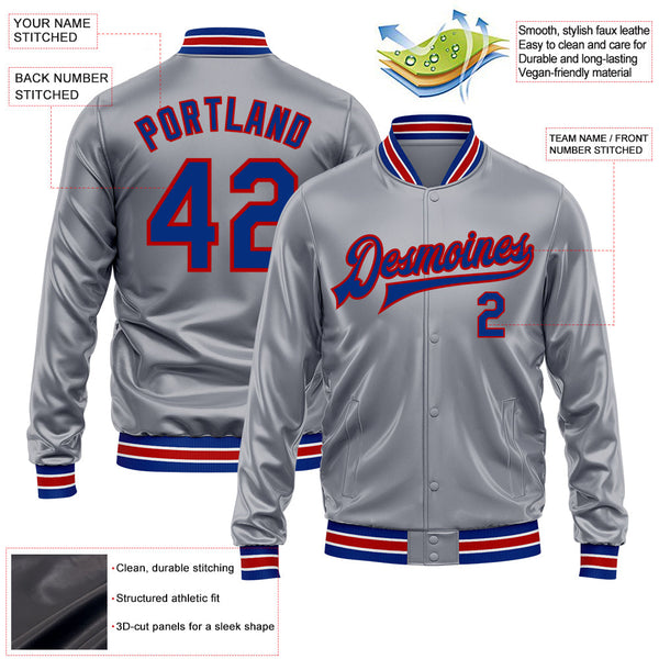 Custom Gray Royal-Red Bomber Full-Snap Varsity Faux Leather Letterman Jacket alternate
