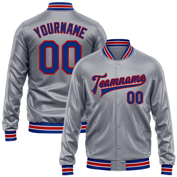 Custom Gray Royal-Red Bomber Full-Snap Varsity Faux Leather Letterman Jacket