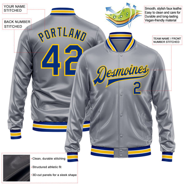 Custom Gray Royal-Yellow Bomber Full-Snap Varsity Faux Leather Letterman Jacket alternate