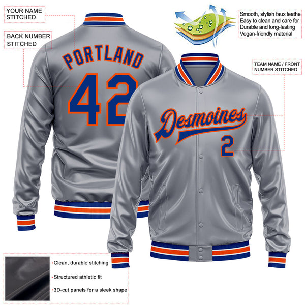 Custom Gray Royal-Orange Bomber Full-Snap Varsity Faux Leather Letterman Jacket alternate