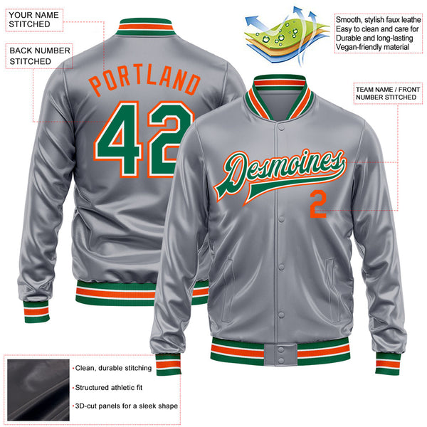 Custom Gray Kelly Green Orange-White Bomber Full-Snap Varsity Faux Leather Letterman Jacket alternate