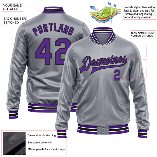 Custom Gray Purple-Black Bomber Full-Snap Varsity Faux Leather Letterman Jacket alternate