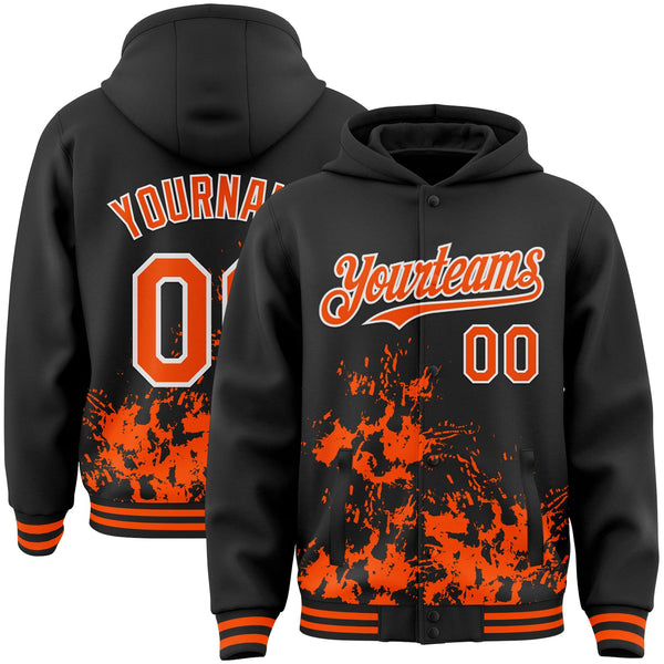 Custom Black Orange-White Splash Art 3D Pattern Design Bomber Full-Snap Varsity Letterman Hoodie Jacket