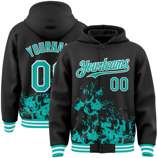 Custom Black Aqua-White Splash Art 3D Pattern Design Bomber Full-Snap Varsity Letterman Hoodie Jacket