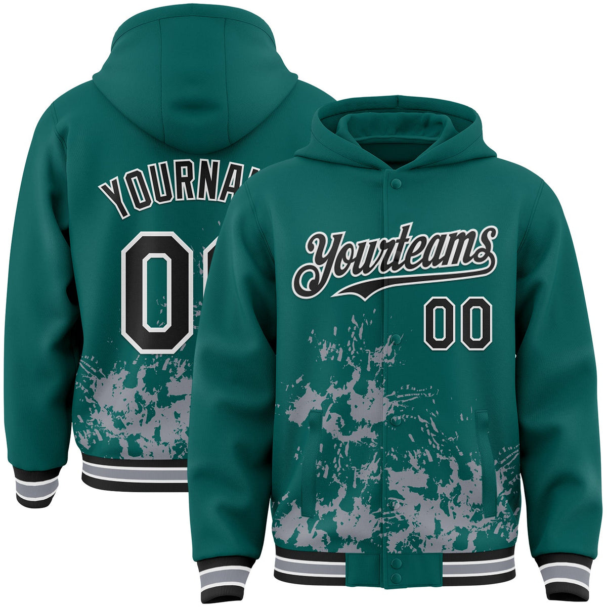 Custom Midnight Green Black Gray-White Splash Art 3D Pattern Design Bomber Full-Snap Varsity Letterman Hoodie Jacket