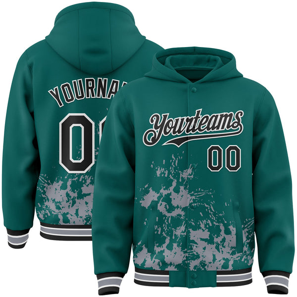 Custom Midnight Green Black Gray-White Splash Art 3D Pattern Design Bomber Full-Snap Varsity Letterman Hoodie Jacket