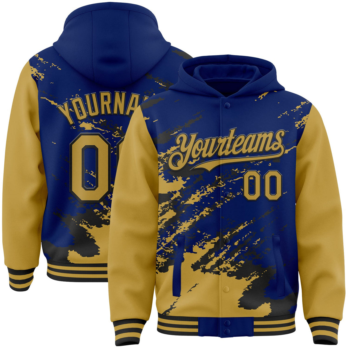 Custom Royal Old Gold-Black Splash Art 3D Pattern Design Bomber Full-Snap Varsity Letterman Hoodie Jacket