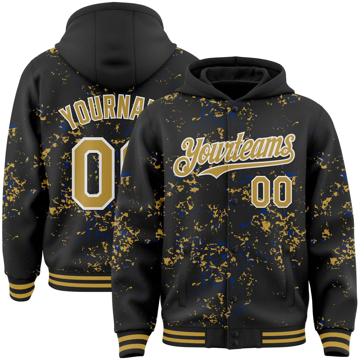 Custom Black Old Gold Royal-White Fragment Pattern Bomber Full-Snap Varsity Letterman Hoodie Jacket