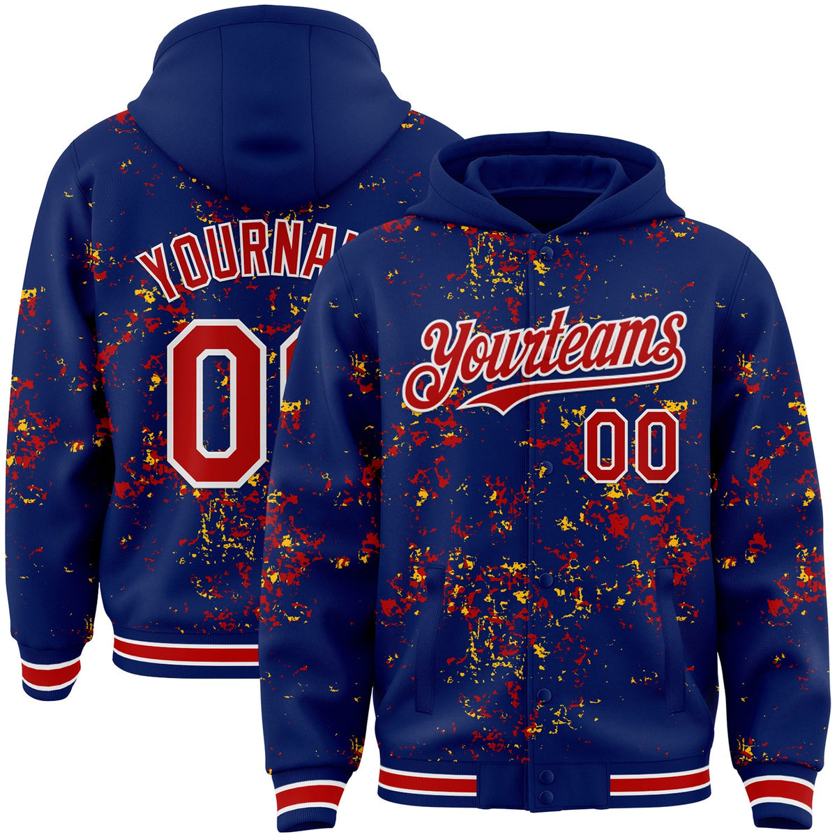 Custom Royal Red Gold-White Fragment Pattern Bomber Full-Snap Varsity Letterman Hoodie Jacket