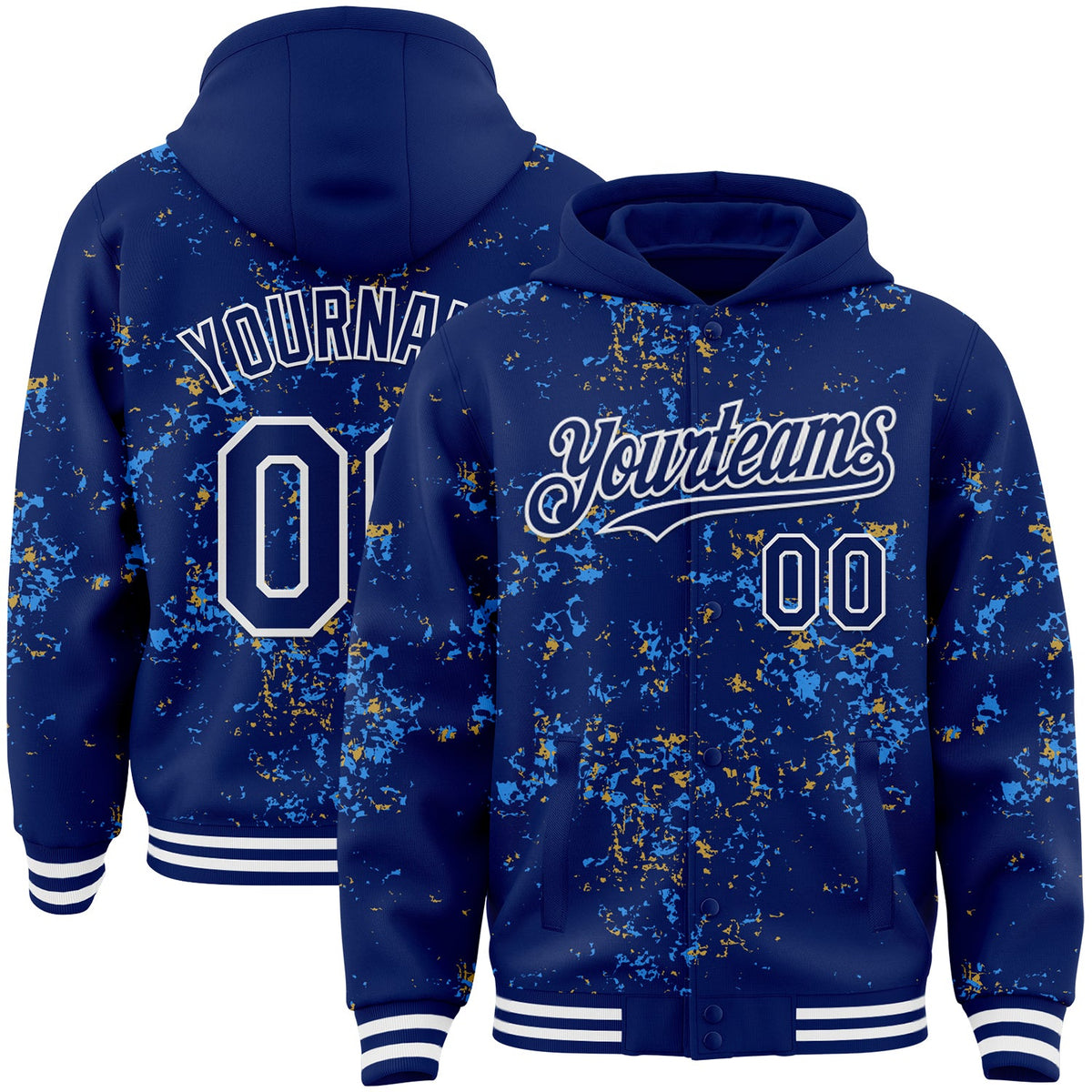 Custom Royal Powder Blue Old Gold-White Fragment Pattern Bomber Full-Snap Varsity Letterman Hoodie Jacket
