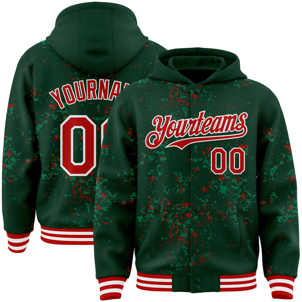 Custom Green Red Kelly Green-White Fragment Pattern Bomber Full-Snap Varsity Letterman Hoodie Jacket