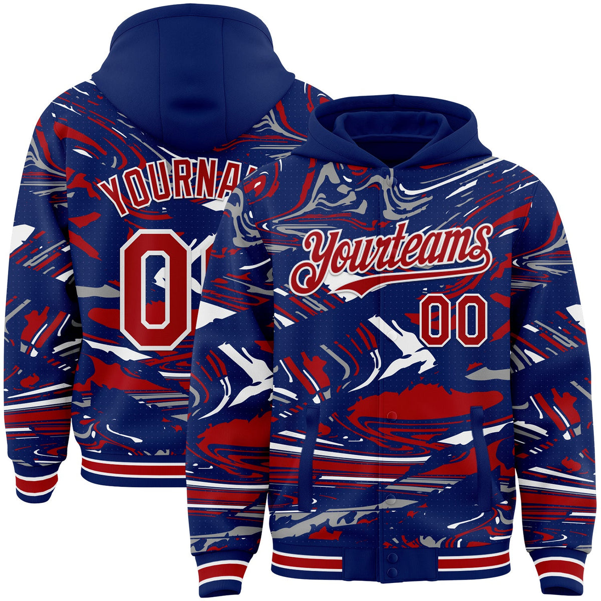 Custom Figure Red Royal-White Fluid Pattern Bomber Full-Snap Varsity Letterman Hoodie Jacket