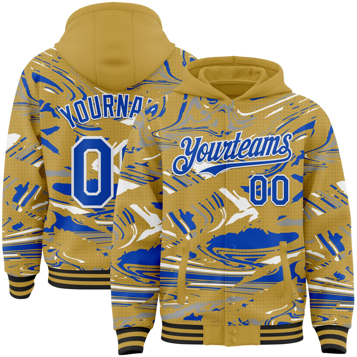 Custom Figure Thunder Blue Old Gold Black-White Fluid Pattern Bomber Full-Snap Varsity Letterman Hoodie Jacket