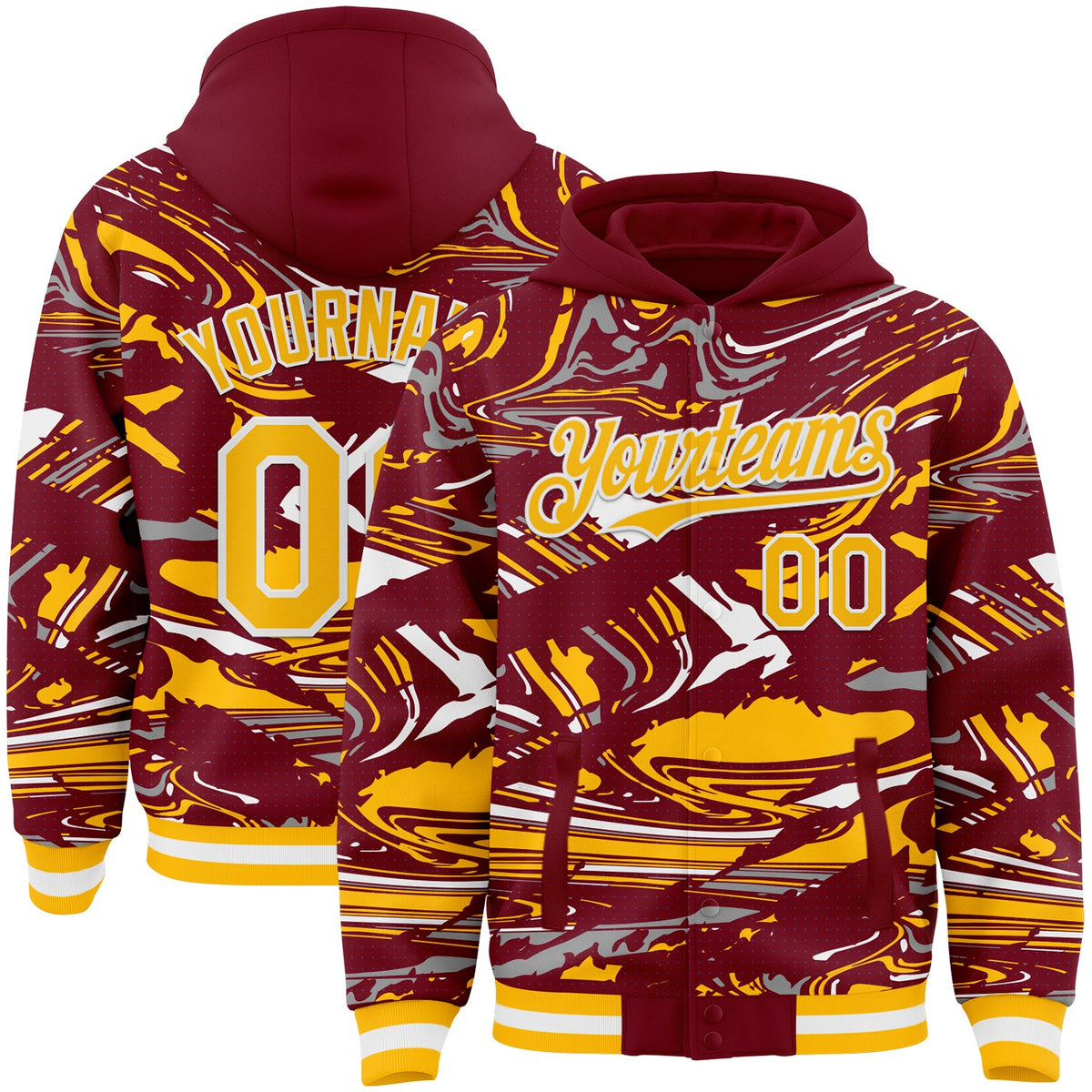 Custom Figure Gold Crimson-White Fluid Pattern Bomber Full-Snap Varsity Letterman Hoodie Jacket