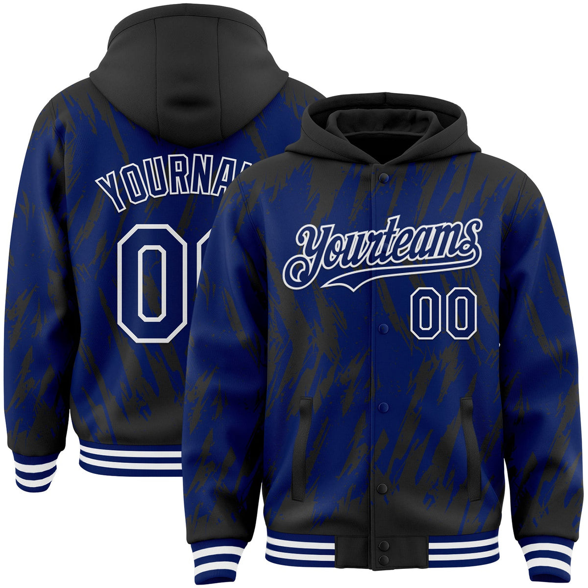 Custom Black Royal-White Abstract Sharp Shape Fragment Pattern Bomber Full-Snap Varsity Letterman Hoodie Jacket
