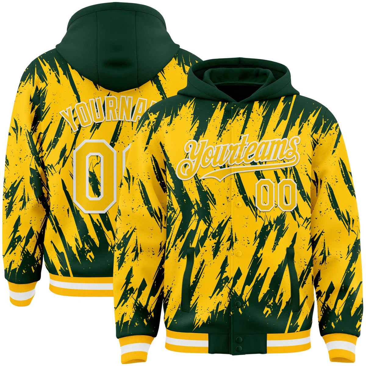 Custom Green Yellow Gold-White Abstract Sharp Shape Fragment Pattern Bomber Full-Snap Varsity Letterman Hoodie Jacket
