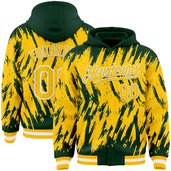 Custom Green Yellow Gold-White Abstract Sharp Shape Fragment Pattern Bomber Full-Snap Varsity Letterman Hoodie Jacket