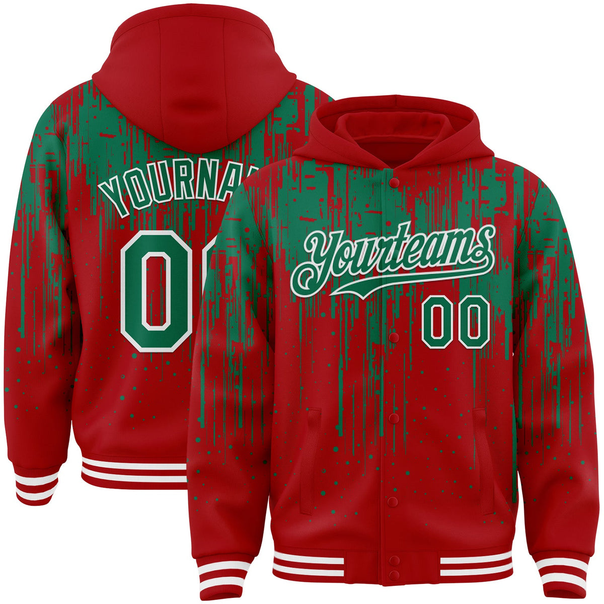 Custom Royal Kelly Green-White Dripping Splatter Bomber Full-Snap Varsity Letterman Hoodie Jacket