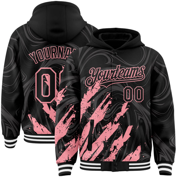Custom Black Medium Pink-White Splash Bomber Full-Snap Varsity Letterman Hoodie Jacket