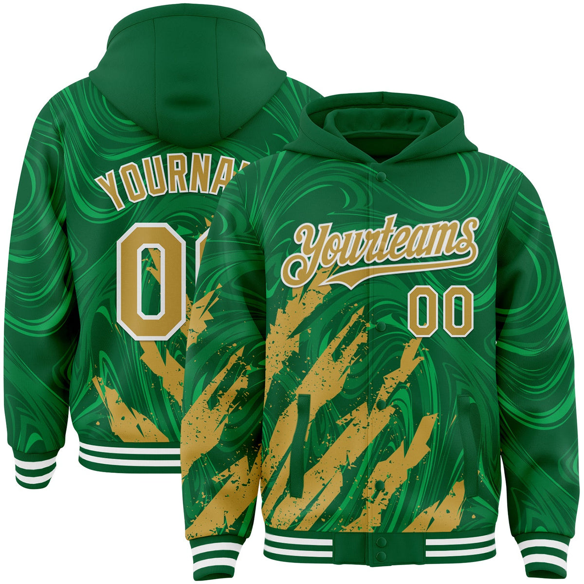 Custom Kelly Green Old Gold-White Splash Bomber Full-Snap Varsity Letterman Hoodie Jacket