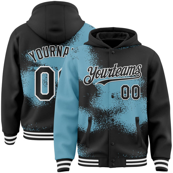 Custom Black Shadow Blue-White Abstract Color Blocks Fragment Pattern Bomber Full-Snap Varsity Letterman Hoodie Jacket