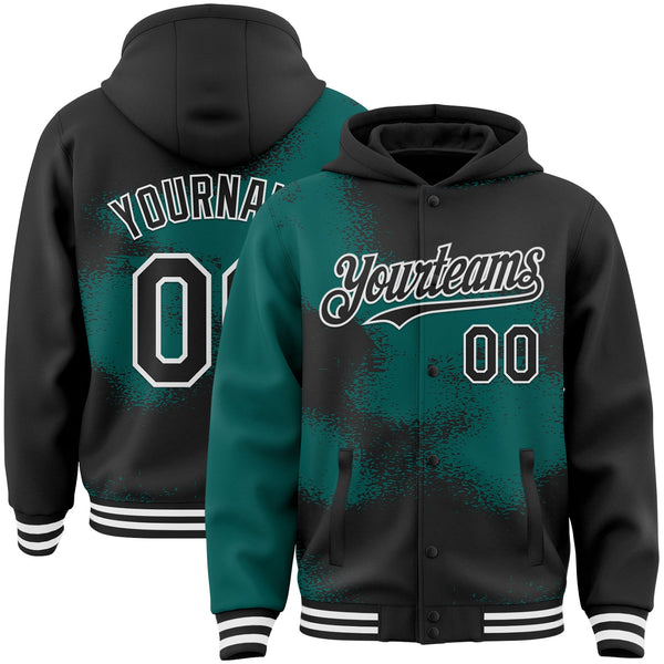 Custom Black Midnight Green-White Abstract Color Blocks Fragment Pattern Bomber Full-Snap Varsity Letterman Hoodie Jacket